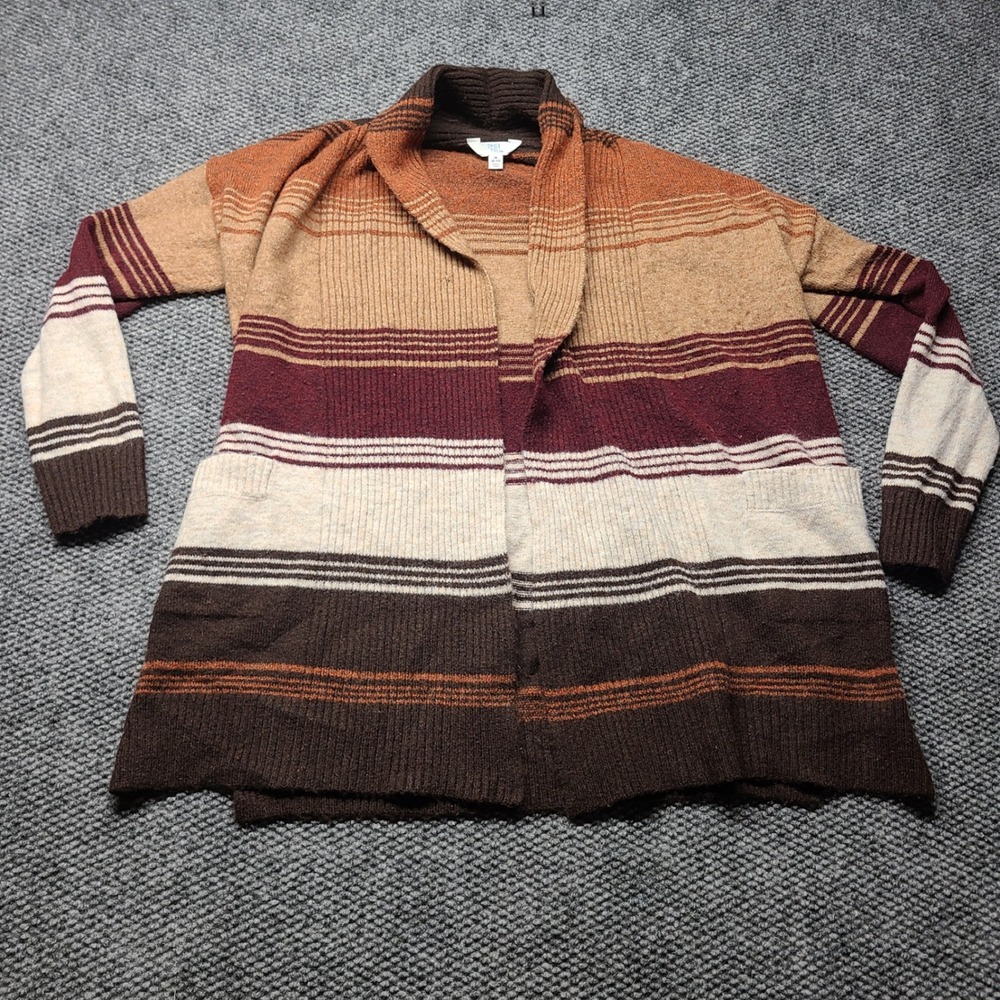 Time & Tru Womens Striped Shawl Collar Open Front Cardigan Sweater Brown M 8-10